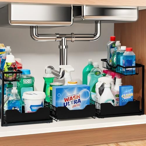 3 Pack, Under Sink Organizer 2-Tier with Slide Out Lower Drawer - Metal Pull Out Cabinet Organizer for Kitchen Bathroom, Includes Removable Center Basket & Storage Shelves, Space Saving Design by Unknown