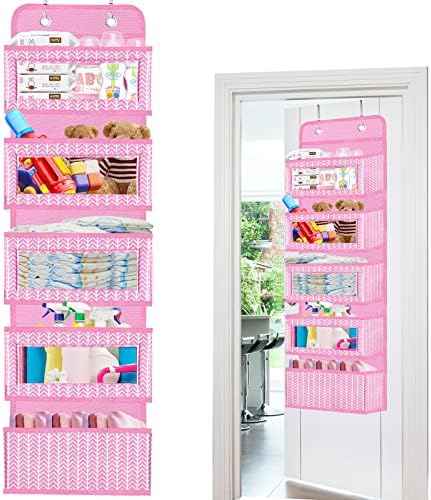Over The Door Hanging Organizer with 5 Large Pockets - Wall Mount Pantry Storage with 2 Big Metal Hooks for Baby Girl’s Diapers Closet, Bathroom, Nursery, Bedroom, Dorm, Baby, Kids Toys (Pink) - Image 3