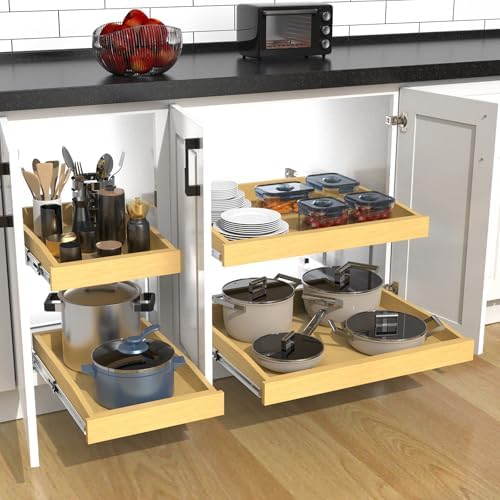2 Tier Pull Out Cabinet Organizer, 23"W x 21"D Solid Wood Heavy-Duty Base Bottom Assembly Slide out Drawer Shel Cabinet Organization for Kitchen, Pantry, Bathroom - Image 6