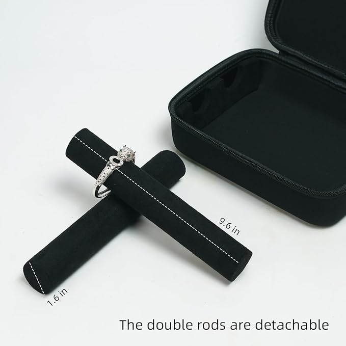 Portable Travel Jewelry Box Bracelet Display Holder with 2Rods for Watch Bangle Jewelry Organizer Storage Bag Women Men Black