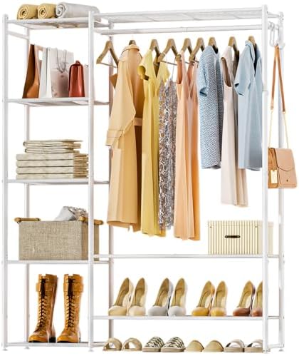 Neprock Clothing Racks for Hanging Clothes with Shelves, Portable Closet System Organizer Garment Rack for Clothes Storage, Metal Free Standing Wardrobe Clothes Organizer(White) by Neprock