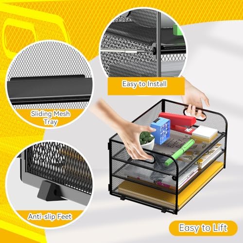 MINDEPOT 3 Tier Paper Organizer Tray with Handle, Mesh Letter Tray - Image 4