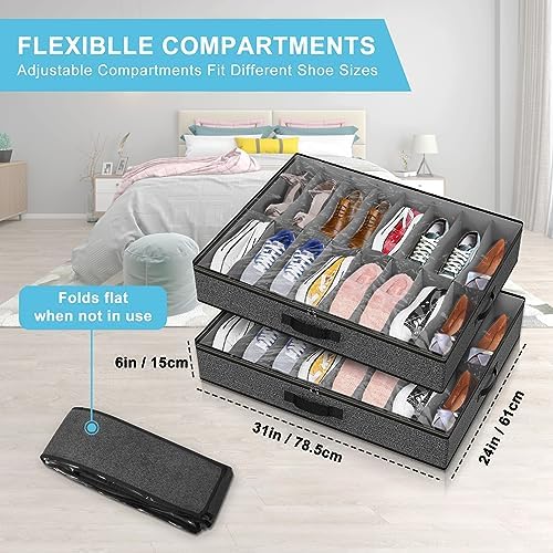 Under Bed Shoe Storage Organizer for Closet, 24 Pairs Sturdy Underbed Shoe Storage Boxes Bins Container Foldable Shoes Storage with Reinforced Handles & Clear Window for College Dorms Grey, Set of 2 - Image 4