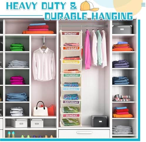 Amylove 2 Pcs 7 Shelf Weekly Clothes Organizer for Kids Hanging Closet Organizer 11. 8 x 11. 8 x 50 Inches Daily Activity Kids Clothes Storage Drawers Cube Drawers Closet Hanging Shelves(Beige) - Image 4