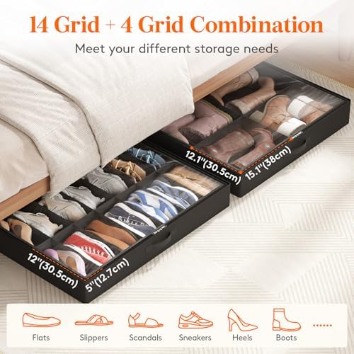 Lifewit Under Bed Shoe Storage Organizer 2 Pack(14 Shoes Cells+4 Boots Cells), 4.3 Inches Profile Fabric Shoes Container Box with Clear Cover, Foldable Storage Bag with 2 Handles, Fits 22 to 36 Pairs - Image 4