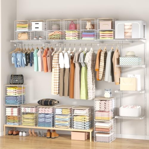 Hencawima 2 Pack Stackable Closet Storage Bins with Removable Divider, Wire Storage Baskets with Wooden Top for Clothes, Towels, Blankets, Closet Shelves, Bedroom, Pantry & Laundry Room - Image 2