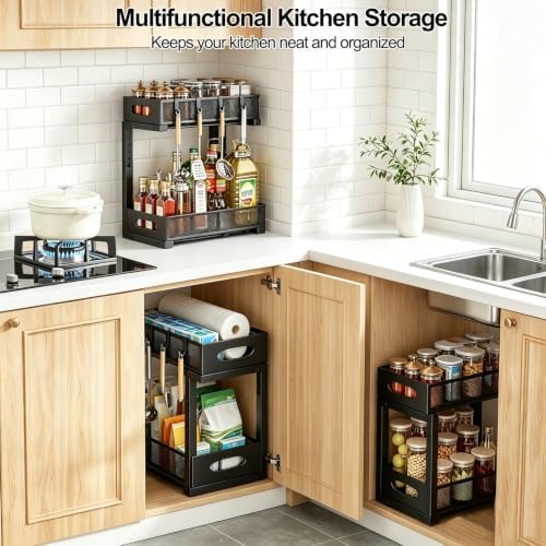 Under Sink Organizer, 2-Tier Pull Out Cabinet Storage, Black - Image 4