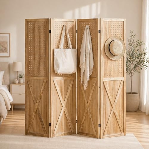 4 Panel Wood Pegboard Room Divider Folding Privacy Screen Light Brown by ALeesing