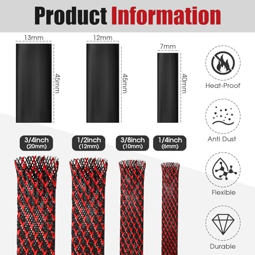 Tatuo 65.6 ft Braided Cable Sleeve Expandable Wire Sheathing(Red, Black) - Image 2