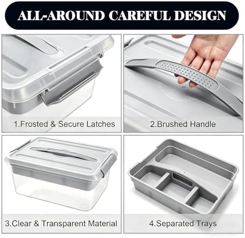 Yesland Portable Craft Storage Box with Removable Tray and Handle, 16x11x6.5 Inch Plastic Art Supply Organizer Container for Stationery, Sewing, Jewelry - Grey (Pack of 3) - Image 4