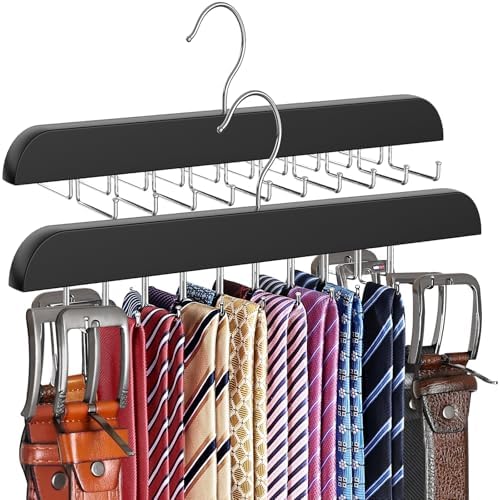 RESOVO Upgraded Tie Rack Hanger with 20 Foldable Metal Hooks, Space Saving Necktie Organizer for Men – Large Capacity Tie and Belt Wooden Hanger for Closet - Black 2 Pack by RESOVO