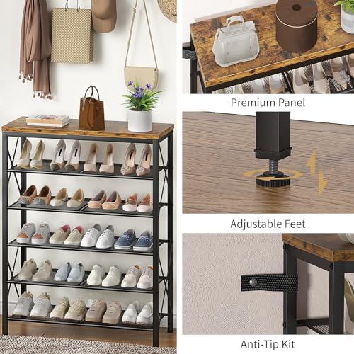 6 Tier Shoe Rack, Metal Shoe Stand with Wooden Top, Sturdy Shoe Shelf for Entryway Closet, Rustic Brown - Image 6