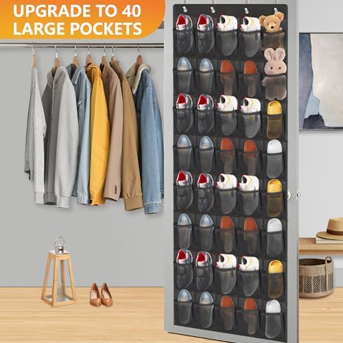 Over the Door Shoe Organizer, 40 Large Mesh Pockets Hanging Shoe Rack Organizer for Closet Behind the Door Storage Holder for Entryway Bedroom Dorm Black - Image 2