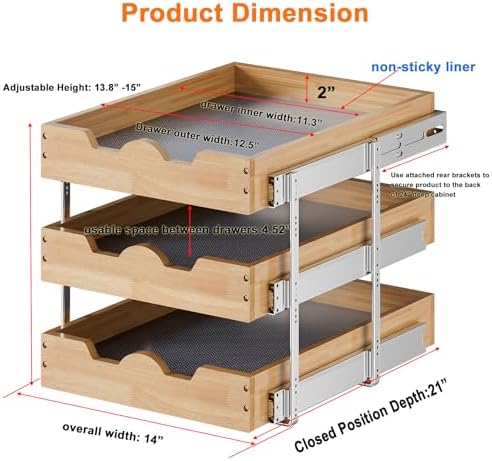 DINDON 3 Tier Pull Out Cabinet Organizer 14”W X21”D Slide Out Shelves With Shelf Liner for Kitchen Wood Roll Out Drawers Pantry Organization - Image 2