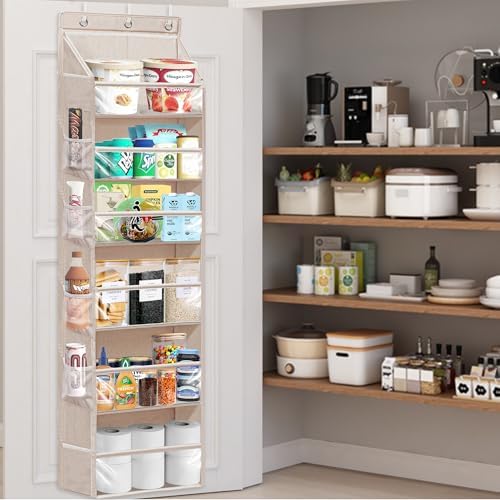Over Door Organizer with 6 Extra Large Pockets 12 Side Pockets, Sturdy Closet Storage Rack, Hanging Storage Organizer with Clear Window for Shoes, Diaper, Bedroom, Bathroom, Beige, 6-Pack - Image 3