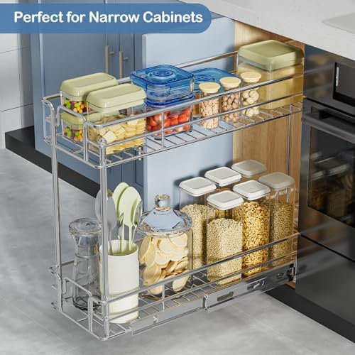 ROOMTEC Pull Out Spice Rack for Narrow Cabinet (8½" W X 21" D),2 Tier Slide Out Cabinet Organizer and Pull Out Shelves Under Cabinet Storage for Kitchen, Chrome - Image 2