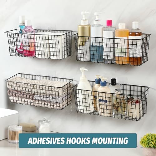 4 Set [EXTRA LARGE] Hanging Wall Mount Storage Baskets with Adhesive Hooks & Steel Hooks, Multiuse Sturdy Wire Metal Organizing Baskets for Home Kitchen Bathroom Pantry Utility Organizer, Black - Image 6