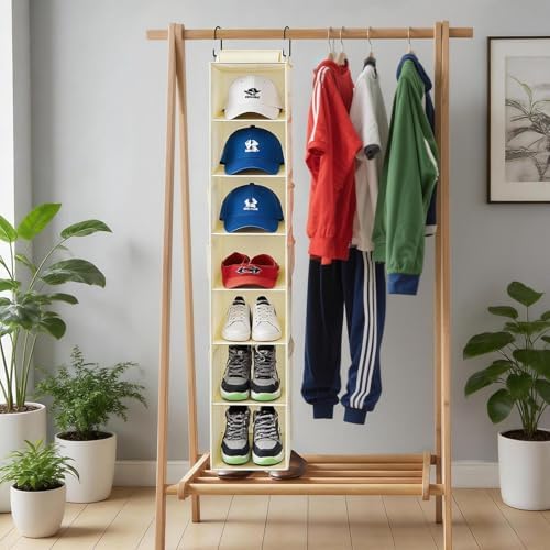 Hanging Shoe Organizer for Closet with 8 Shelves,Mesh Pockets-Wider Hanging Shelves for Shoes,Clothes,Hats with Sturdy Bamboo-Supported Design (Beige) - Image 2