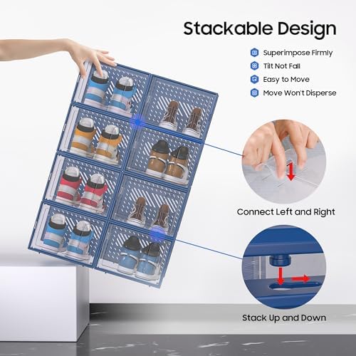 eWonLife Large Shoe Organizer Storage Box with Magnetic Door,12 Pack Clear Plastic Stackable Sneaker Containers for Closet, Connect Left and Right Shoe Box for Entryway, Drop Front, Under Bed (Blue) - Image 4