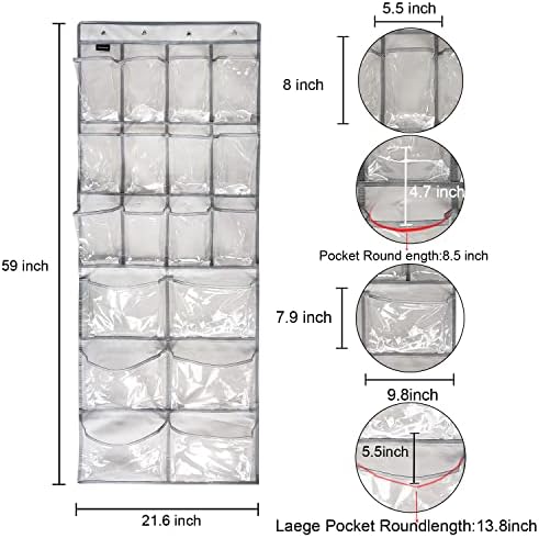 2 Pack Extra Large Hanging Crystal Clear Over Door Shoe Organizers, Closet Shoe Rack Organizer, 12+6 Pockets, 8 Hooks, Grey (59" x 21.6") - Image 4