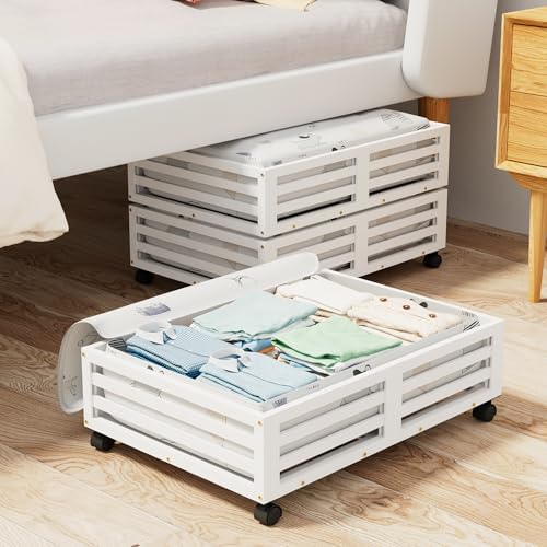Under Bed Storage with Wheels-Large Bamboo Underbed storage Containers with Large Dust Bag Stackable Under the Bed Shoe Storage Bins for Clothes Books Bedding (2 Packs White, 23.62"L×16.54"W× 6.51"H) - Image 2