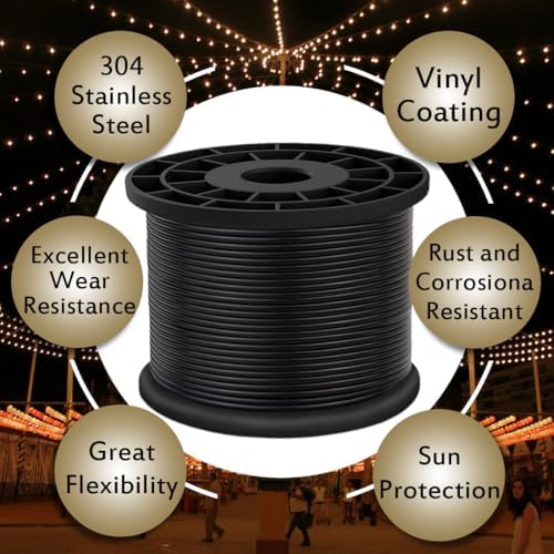 Vinyl Coated Wire Rope 304 Stainless Steel Coated Wire Cable-Black, 1/16" OD to 3/32" x 1000FT, with 300 Pcs Crimping Sleeves-Cable for String Lights, Suitable for Clotheslines - Image 5