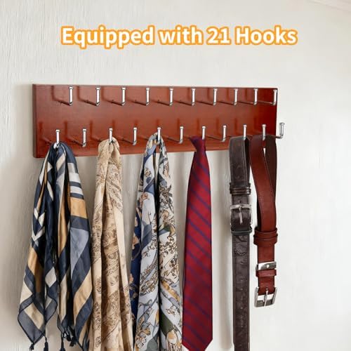 Belt Organizer Holder Wooden Belt Hanger for Closet Wall Mount Belt Storage Rack Tie Bra Scarf Hanger Holds Over 40 Large Belts (Brown) - Image 3