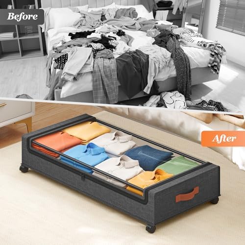 Yecaye 70L Under Bed Storage with Wheels, 2Pack Larger Capacity Under Bed Storage Containers, Underbed Shoe Storage Organizer, Rolling Under Bed Metal Drawers for Shoes, Clothes, Hemp Grey - Image 7