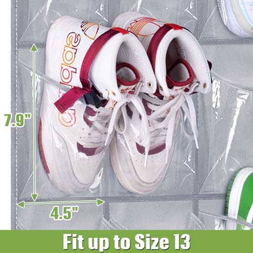 MISSLO 35 Clear Large Pockets Over The Door Shoe Organizer Sturdy Oxford Fabric Hanging Shoe Rack Closet Shoe Holder Hanger, Grey - Image 3