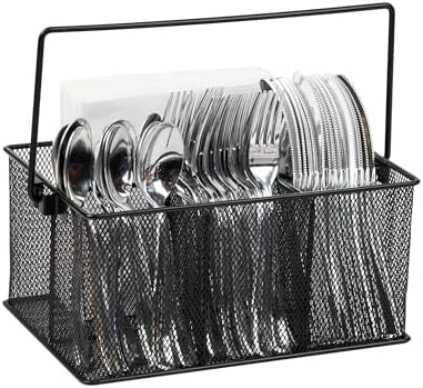 Mind Reader Multi-purpose Storage Caddy with Handle, Desktop Organizer, Cutlery Holder, 4 Compartments, Metal Mesh, Black by MindReader