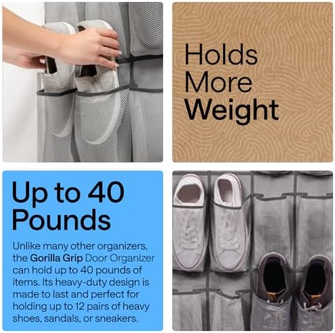 GORILLA GRIP Over the Door Shoe Organizer, 12 Large Pockets, Gray - Image 3