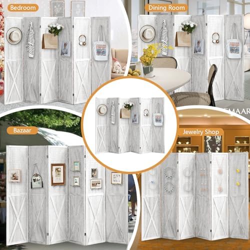 Pegboard Room Divider, 6 Panel Pegboard Display Wooden Room Divider Panel, Room Partitions and Dividers with 24 Hooks for Bedroom, Shop, Jewelry Display, White - Image 7