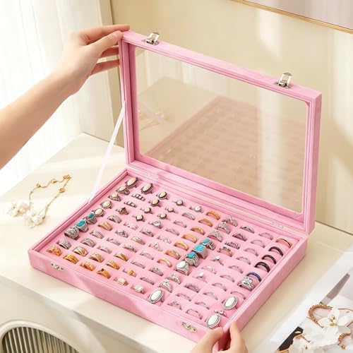 Frebeauty 100 Slots Ring Organizer Tray,Velvet Ring Box with Clear Lid - Image 2