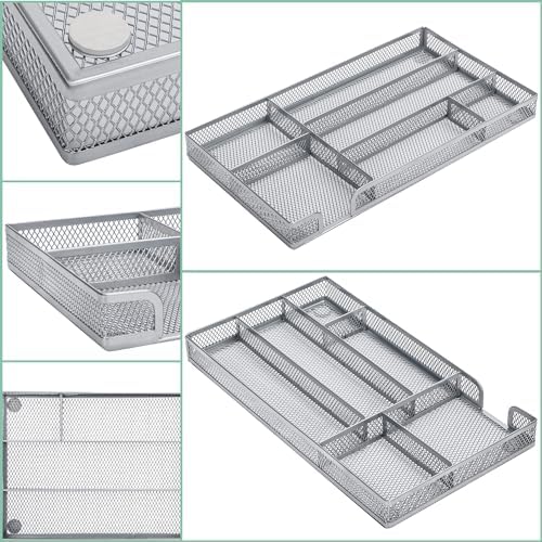 Annova Desk Drawer Organizer Tray for Office Organization - Metal Mesh - Storage Tray with Dividers for Pens, Desktop Accessories, Bathroom, Kitchen, Makeup and Office Supplies (Small, Silver) - Image 2