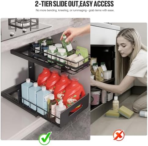 Under Sink Organizer Upgrade To Professional Rails,2-Tier Dual Pull Out Cabinet Storage,Height Adjustable Slide Out Drawers For Bathroom Kitchen,2 Pack-14.5" Dx12.8-16.9" H,Black - Image 4
