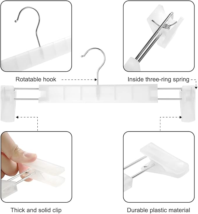 GUANJUNE Clothes Pants Hangers, Space-Saving Skirt Holders with 360 ° Swivel Hooks, Adjustable Clips, Trouser Hangers, Clothes Coat Garment Jeans Hangers (30 Pack, Transparent)