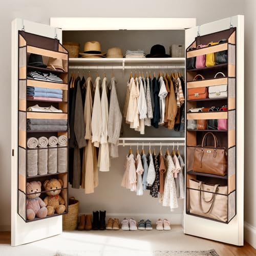 5 Tiers Over Door Organizer with 10 Mesh Side Pockets, 44 lbs Weight Capacity Hanging Storage Organizer with Clear Window Kids Toys, Shoes, Diapers, Brown - Image 7