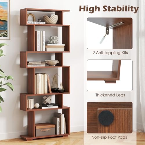 6 Tier S Shaped Bookshelf, Wood Geometric Bookcase, Modern Room Divider and Display Shelf, 64" Tall Staggered Bookshelf for Bedroom Living Room Office Study (2, Walnut) - Image 4