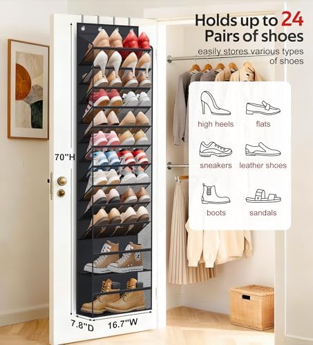 12 Tier Over the Door Shoe Organizer for Closet, Holds 24 Pairs Hanging Shoe Rack for Door with Mesh Pockets, Narrow Shoe Holder Hanger for Sneakers, Boots (Black) - Image 3