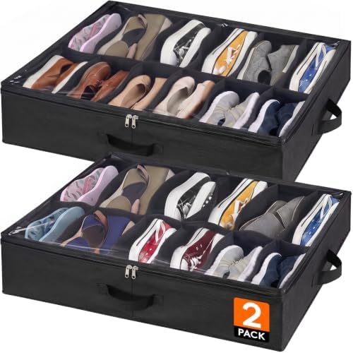 Lifewit Under Bed Shoe Storage Organizer 2 Pack(12 Shoes Cells), 4.3 Inches Profile Fabric Shoes Container Box with Clear Cover, Foldable Storage Bag with 2 Handles, Fits 12 to 24 Pairs by Lifewit