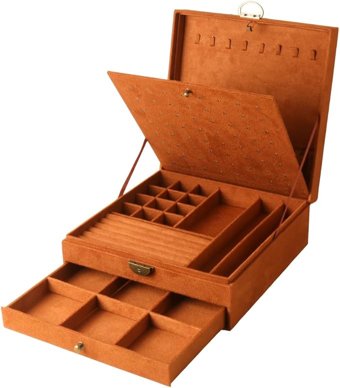 Women Jewelry Box Lockable 3 Layers Large Jewelry Organizer Storage Case for Earrings Necklaces Rings Bracelets,Green Display Jewel Holder (Caramel)