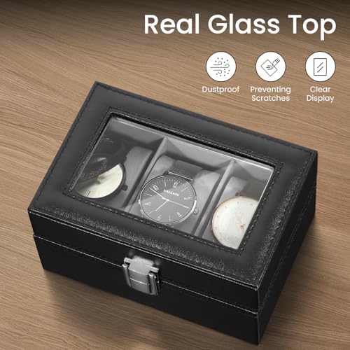 Uten 3-Slot Watch Box, PU Leather Watch Case with Glass Lid - Image 4