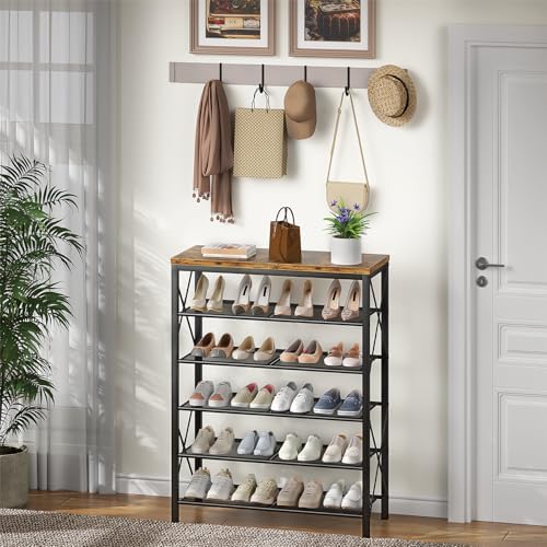 6 Tier Shoe Rack, Metal Shoe Stand with Wooden Top, Sturdy Shoe Shelf for Entryway Closet, Rustic Brown - Image 2