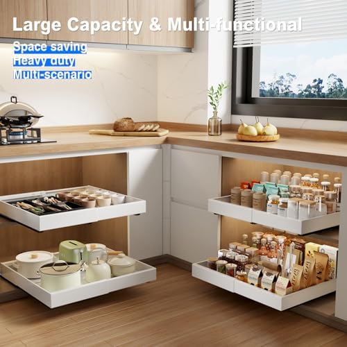 MUSTORN Expandable Pull Out Cabinet Organizer, 21"Deep Slide Out Drawer for Cabinets Adhesive Pull Out Drawers Heavy Duty Pull Out Shelves for Kitchen, Cupboard, Pantry, Bathroom(White,1-Pack) - Image 5