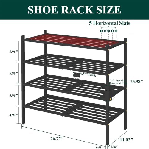 Smiry Bamboo Shoe Rack, 5 Horizontal Slats, 4 Tier - 26.8" Wide, Black - Image 3