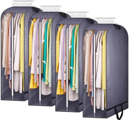 KIMBORA 10" Gusseted Clear Garment Bags for Hanging Clothes Storage, 43" Suit Bags for Closet Storage with Handles, Garment Covers for Coats, Jackets, Sweaters (4 Packs, Grey) by KIMBORA