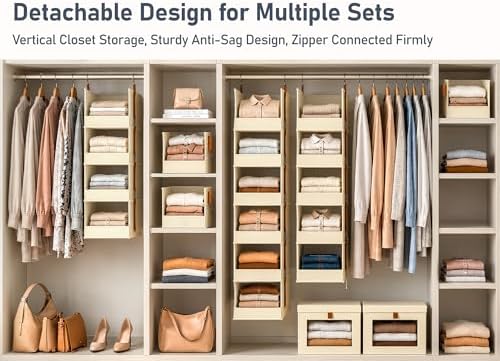 DIMJ Hanging Closet Organizer - 5-Tier Modular Hanging Shelves with Zippers Hooks, Collapsible Baskets for RV, Dorm, Small Spaces, Fabric Storage Bins for Clothes, Handbags - Image 3