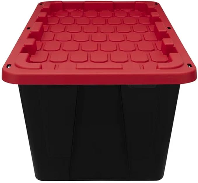4 Pack, 27 Gallon Large Storage Bin, Plastic Storage Container with Stackable Snap-On Lid, Black and Red
