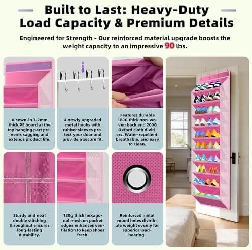 PAULONE 10-Pocket Multi-Use Over the Door Organizer, Heavy Duty 95lbs Capacity with Breathable Mesh, Versatile Hanging Storage for Shoes, Toys, Office Supplies-Classic (Blush Pink, 10-Shelf,) - Image 3