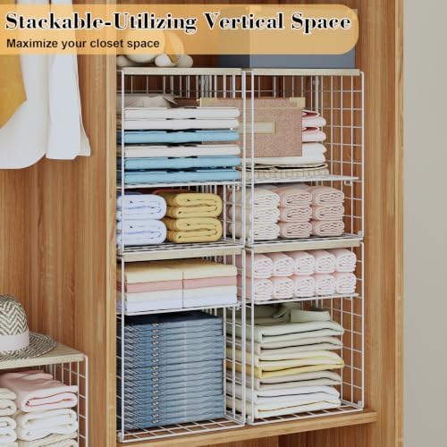 Hencawima 2 Pack Stackable Closet Storage Bins with Removable Divider, Wire Storage Baskets with Wooden Top for Clothes, Towels, Blankets, Closet Shelves, Bedroom, Pantry & Laundry Room - Image 5